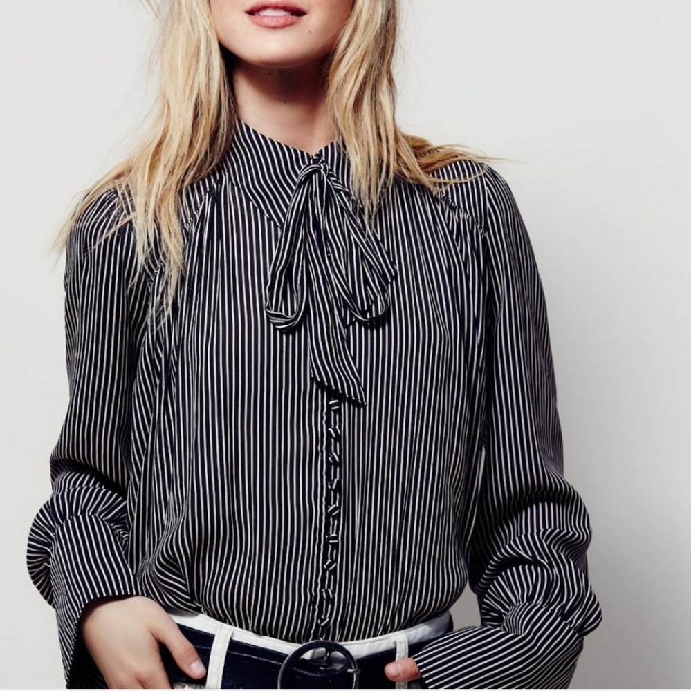 Free People Brown Stripe FlowyModern Muse Blouse Flared Statement Sleeve Necktie